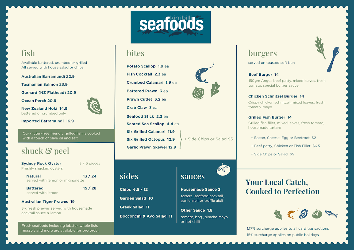 Menu, Kirribilli Seafoods