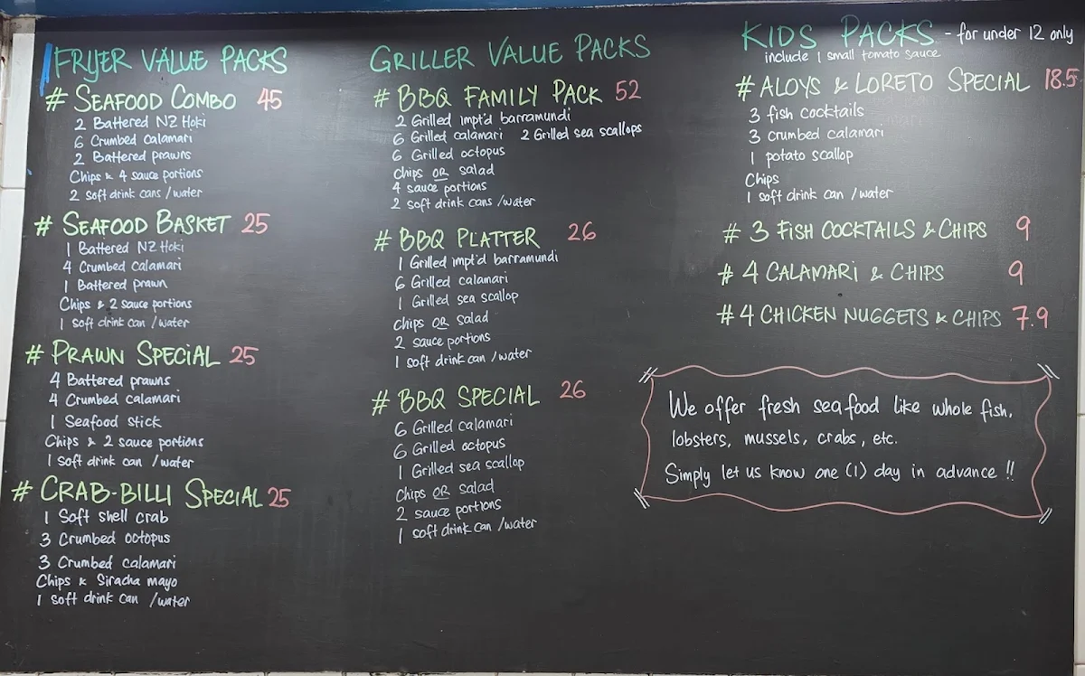 Menu, Kirribilli Seafoods