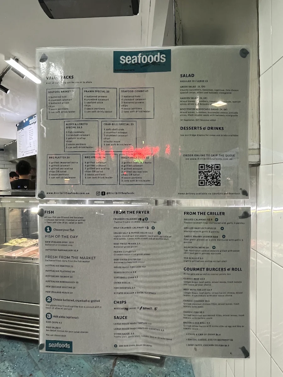 Menu, Kirribilli Seafoods