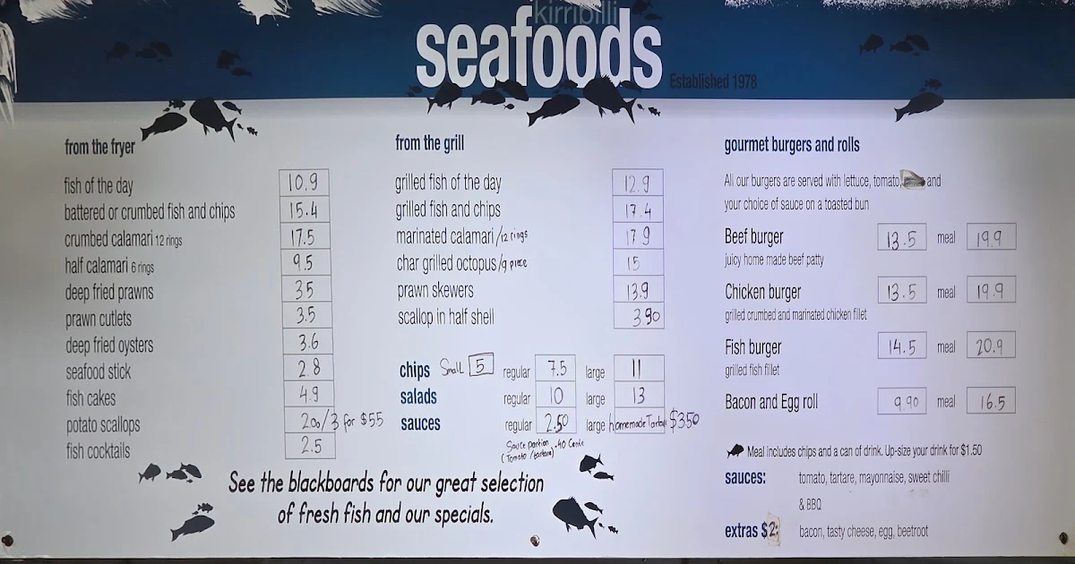 Menu, Kirribilli Seafoods