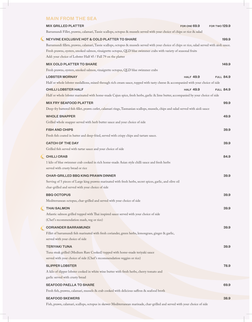 Menu, Neyvine Seafood & Grill