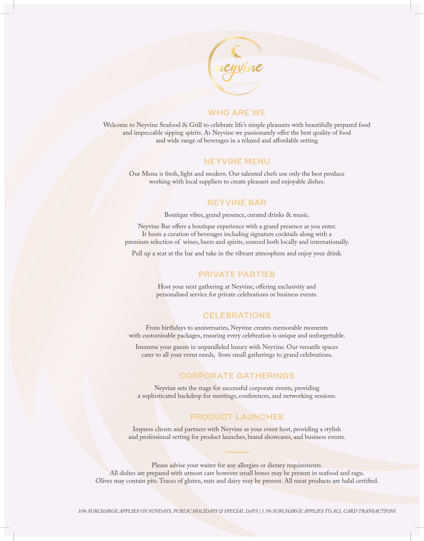 Menu, Neyvine Seafood & Grill