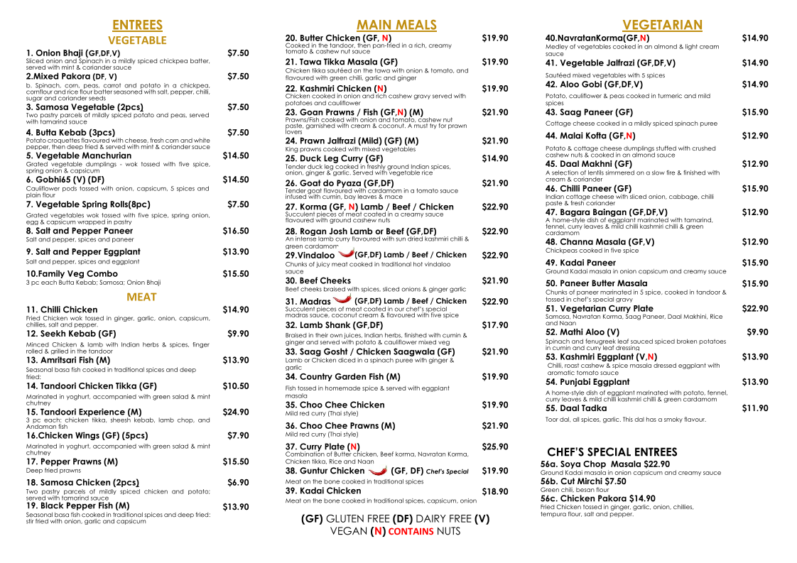 Menu, Country Garden Indian Cuisine