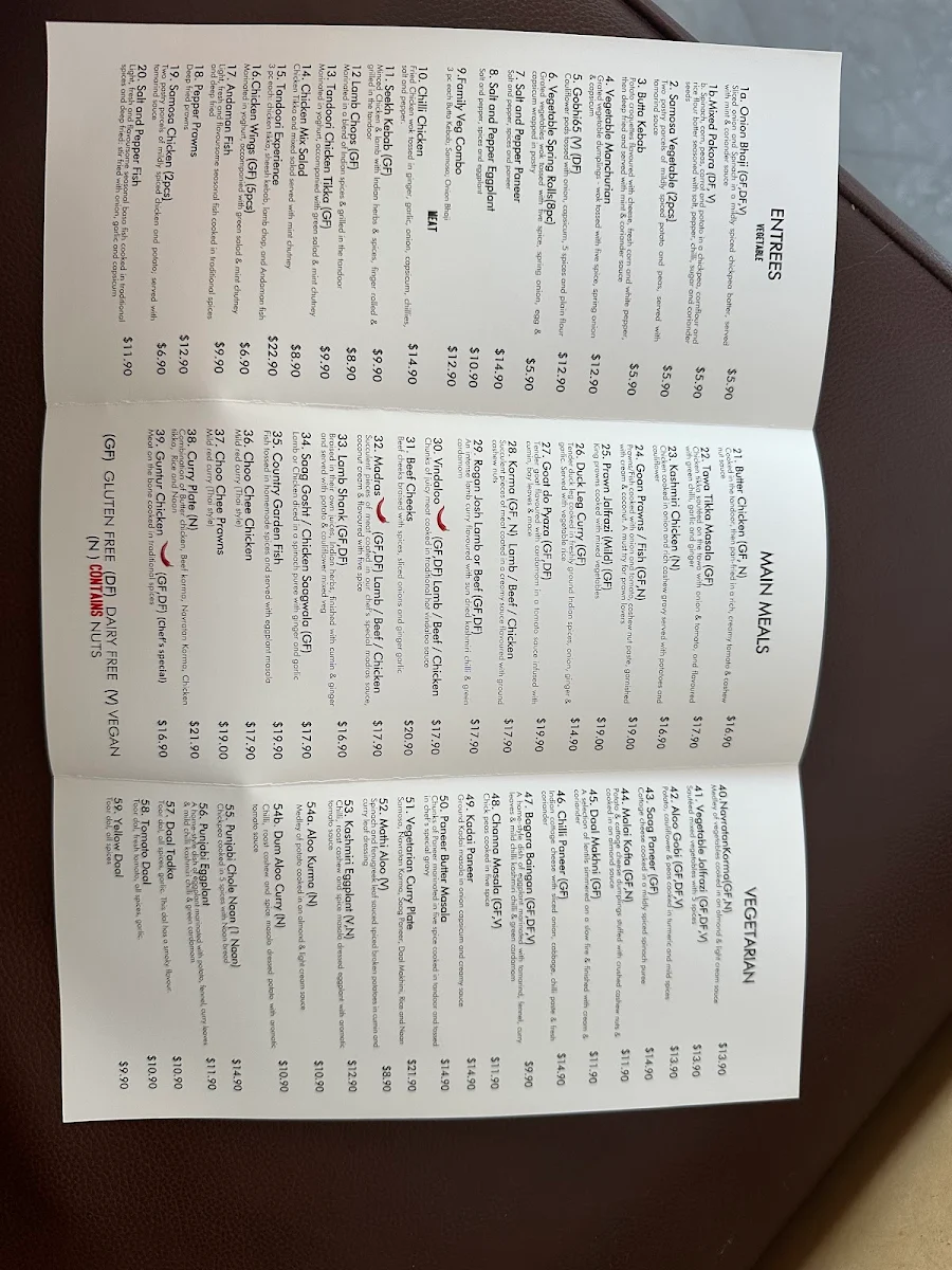 Menu, Country Garden Indian Cuisine