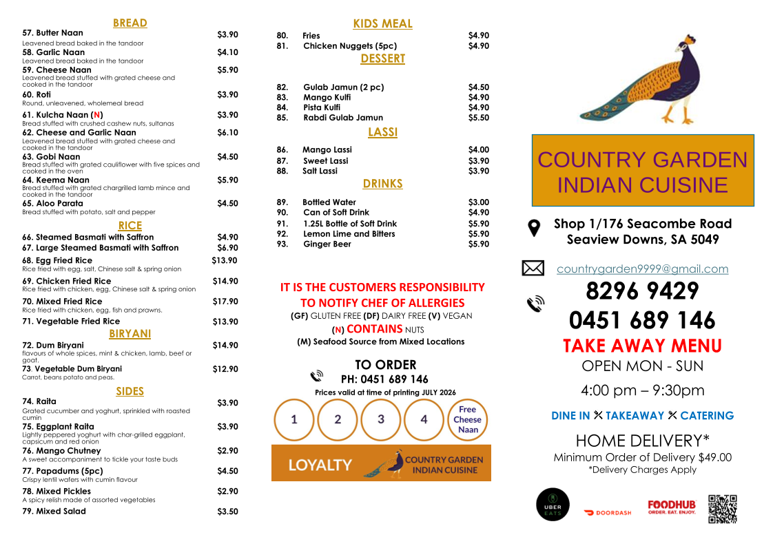 Menu, Country Garden Indian Cuisine