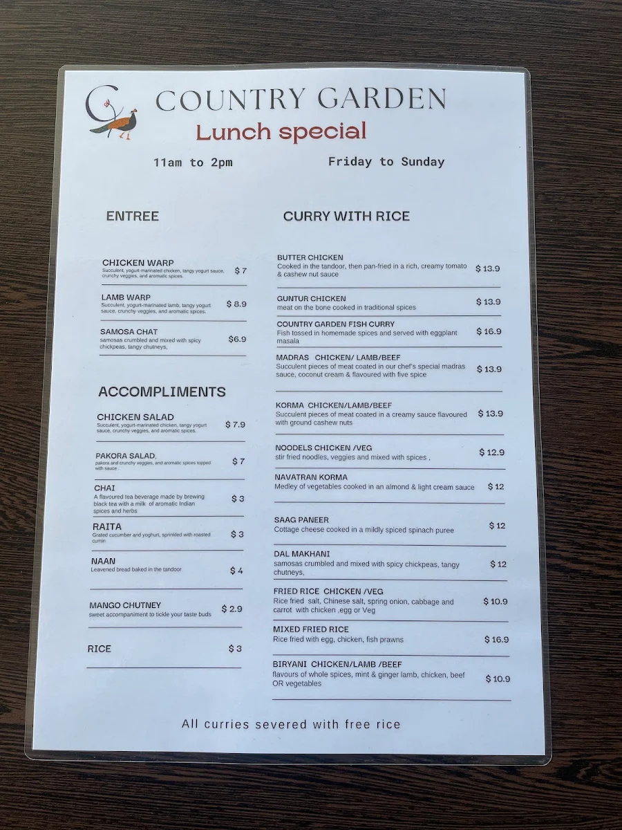 Menu, Country Garden Indian Cuisine