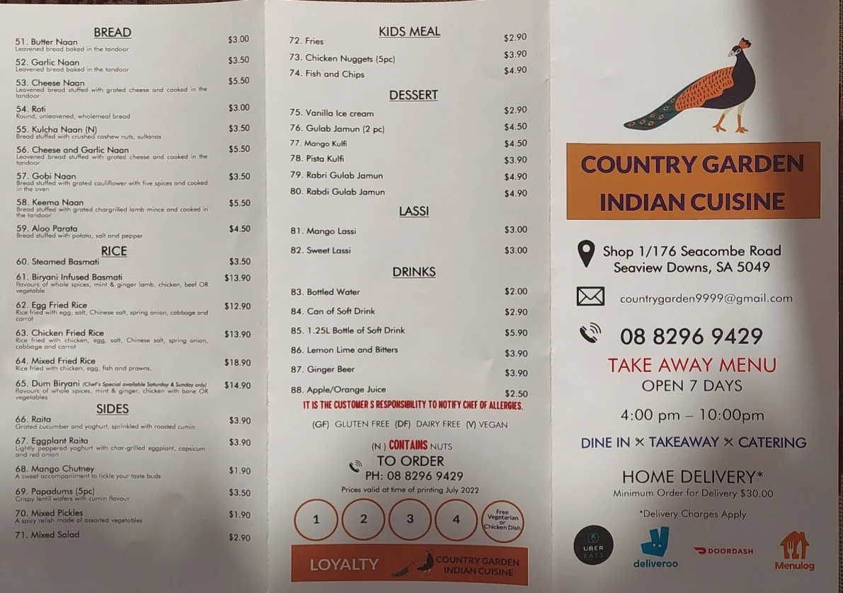 Menu, Country Garden Indian Cuisine