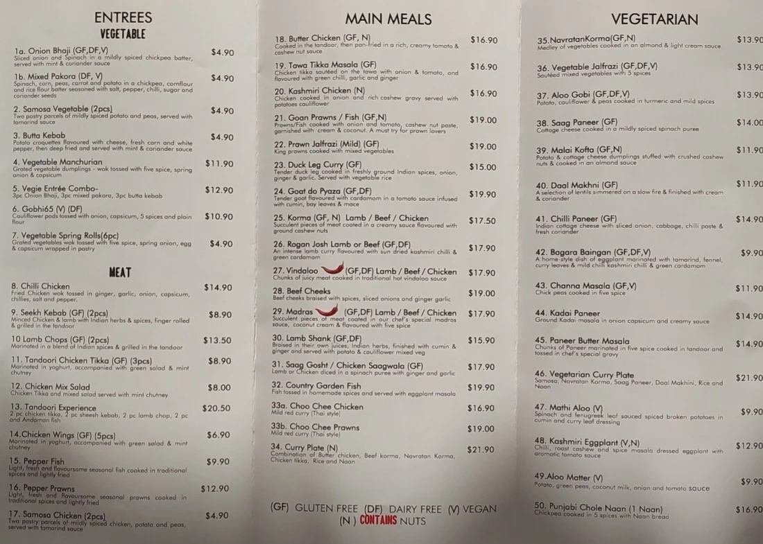 Menu, Country Garden Indian Cuisine