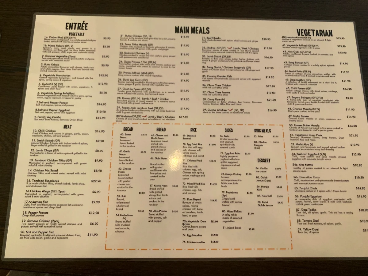 Menu, Country Garden Indian Cuisine