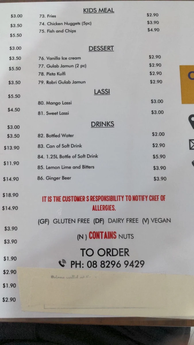 Menu, Country Garden Indian Cuisine
