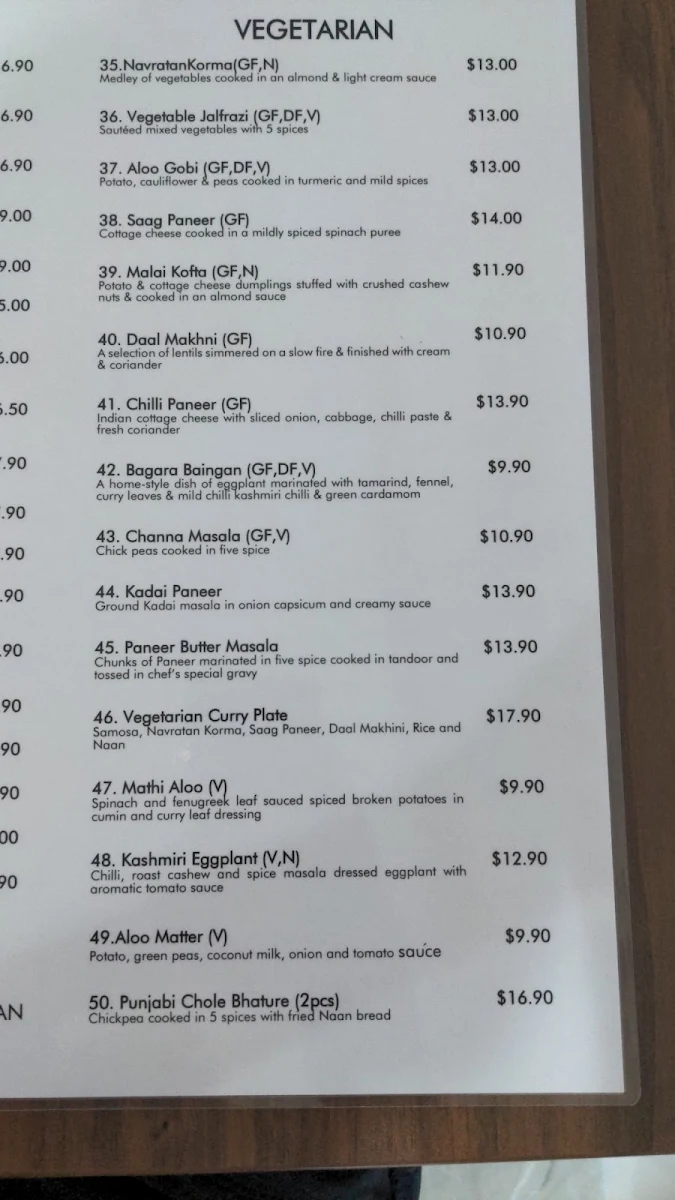 Menu, Country Garden Indian Cuisine