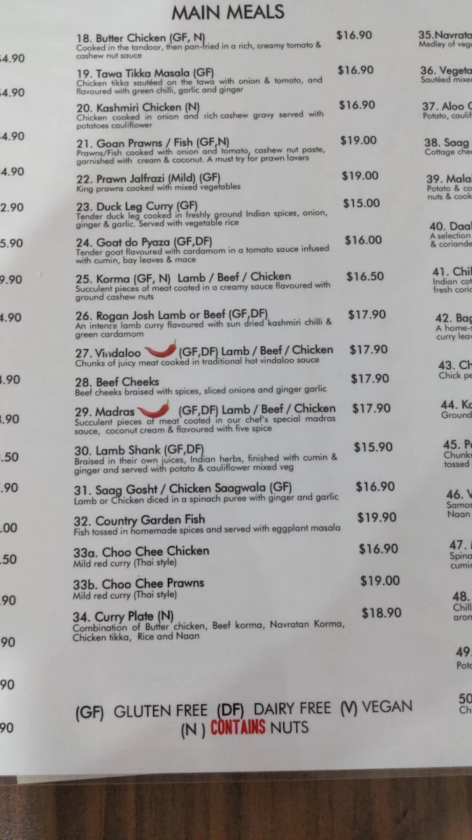 Menu, Country Garden Indian Cuisine