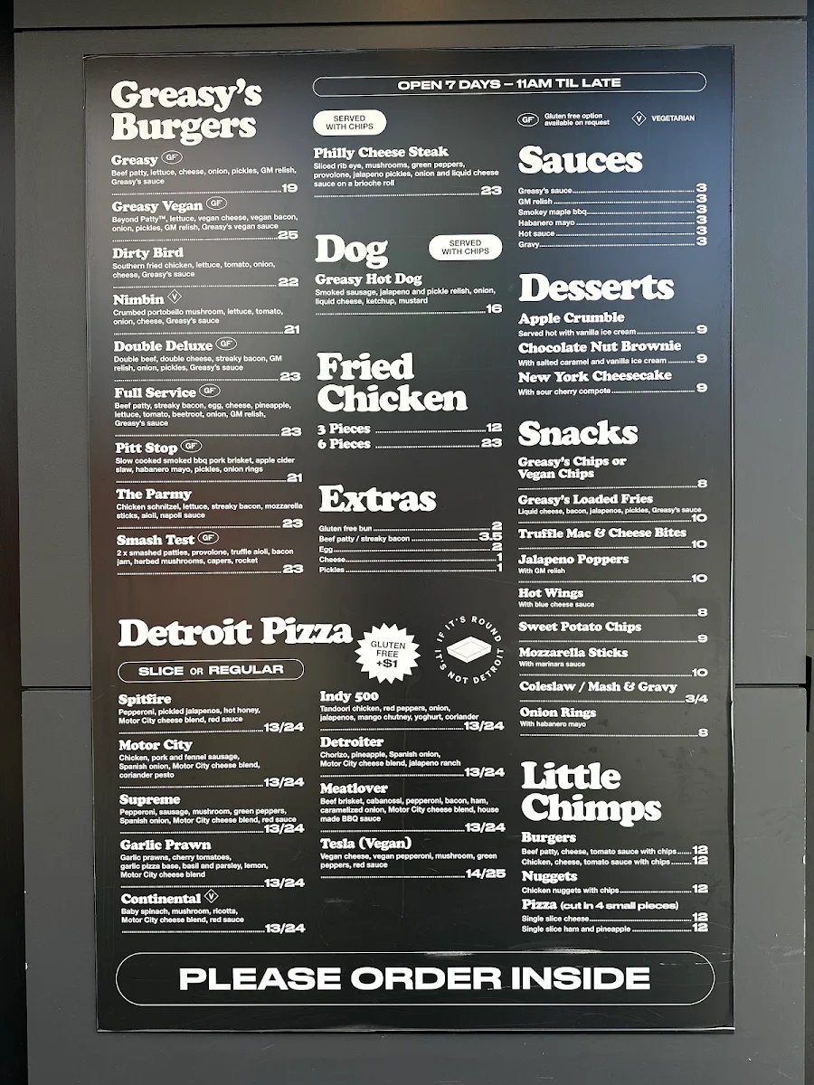 Menu, Grease Monkey Gungahlin