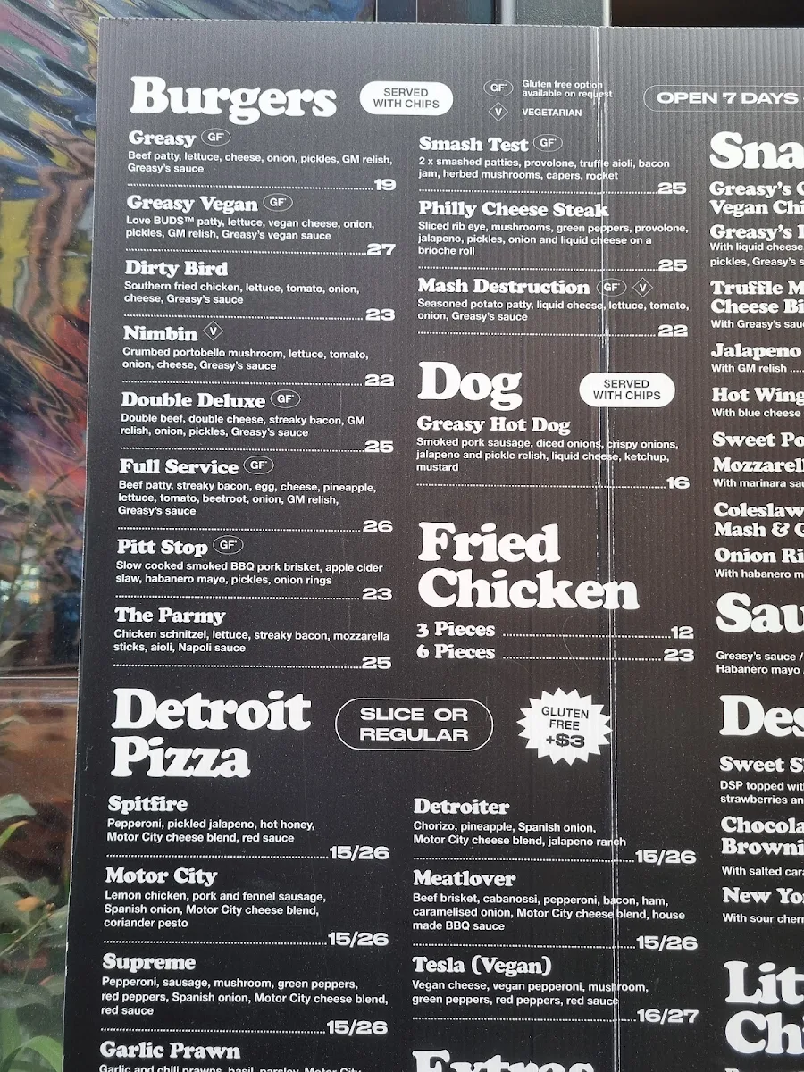 Menu, Grease Monkey Gungahlin