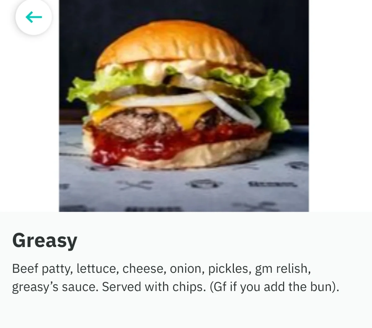 Menu, Grease Monkey Gungahlin