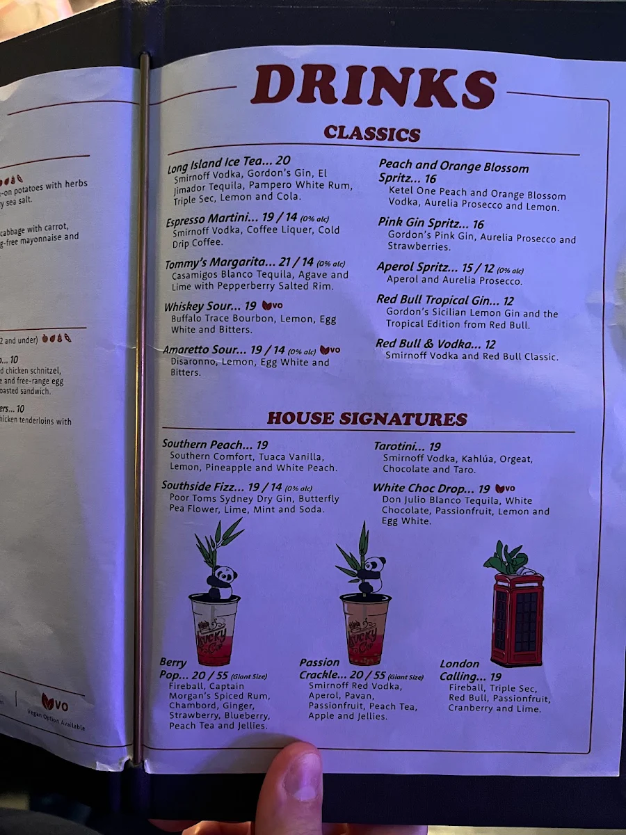 Menu, Archie Brothers Wollongong