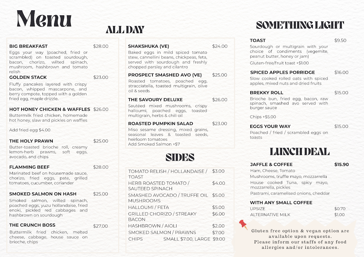 Menu, Prospect Espresso