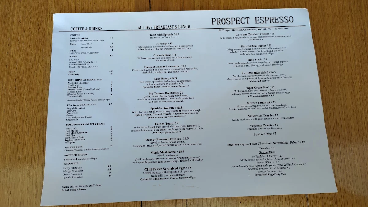 Menu, Prospect Espresso