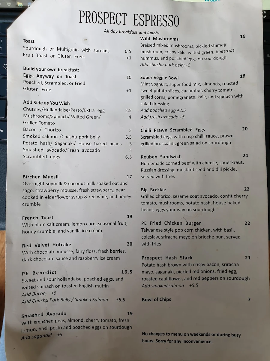 Menu, Prospect Espresso