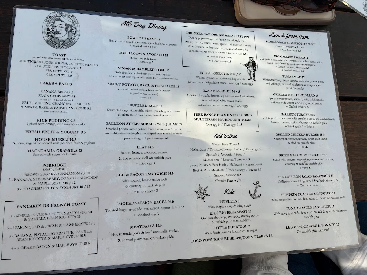 Menu, Galleon Cafe