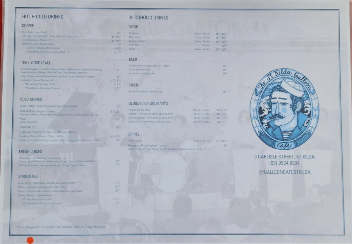Menu, Galleon Cafe