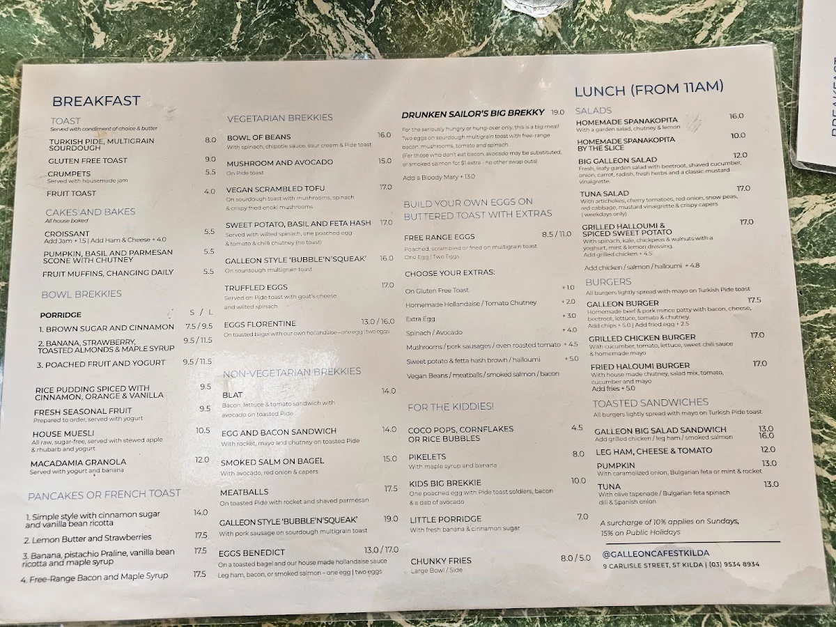 Menu, Galleon Cafe
