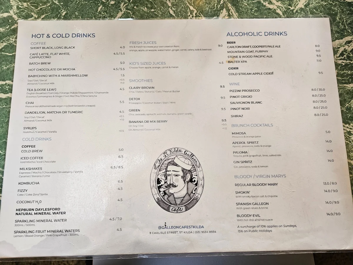 Menu, Galleon Cafe