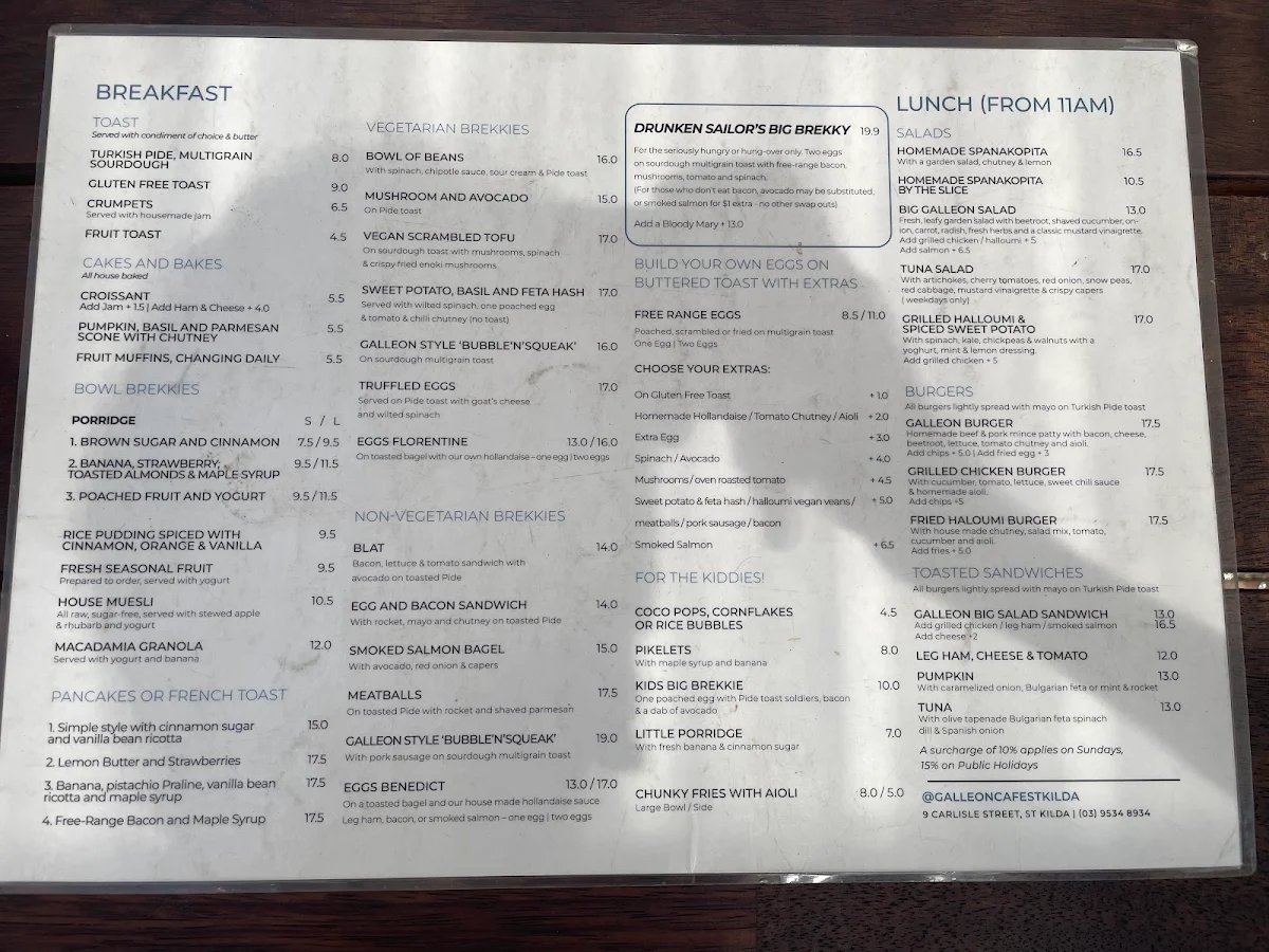 Menu, Galleon Cafe