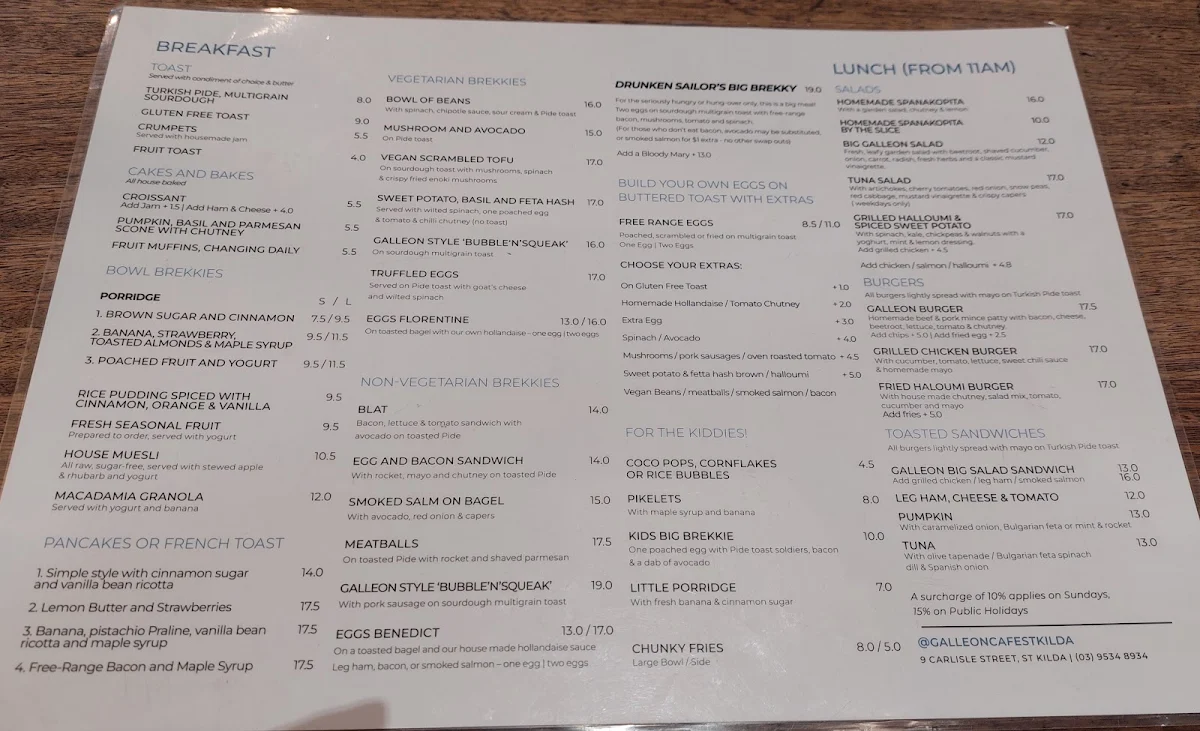 Menu, Galleon Cafe