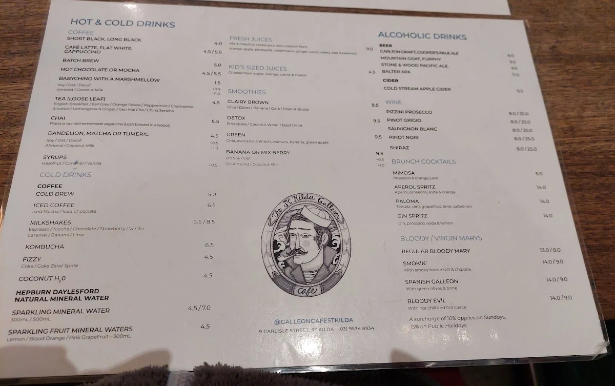 Menu, Galleon Cafe
