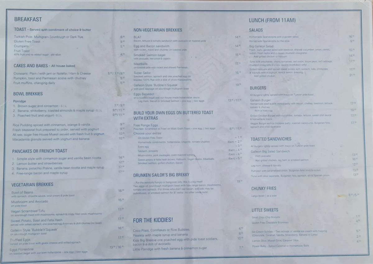 Menu, Galleon Cafe