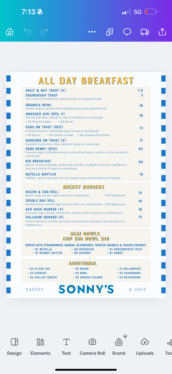 Menu, Sonny’s Bakery and Cafe