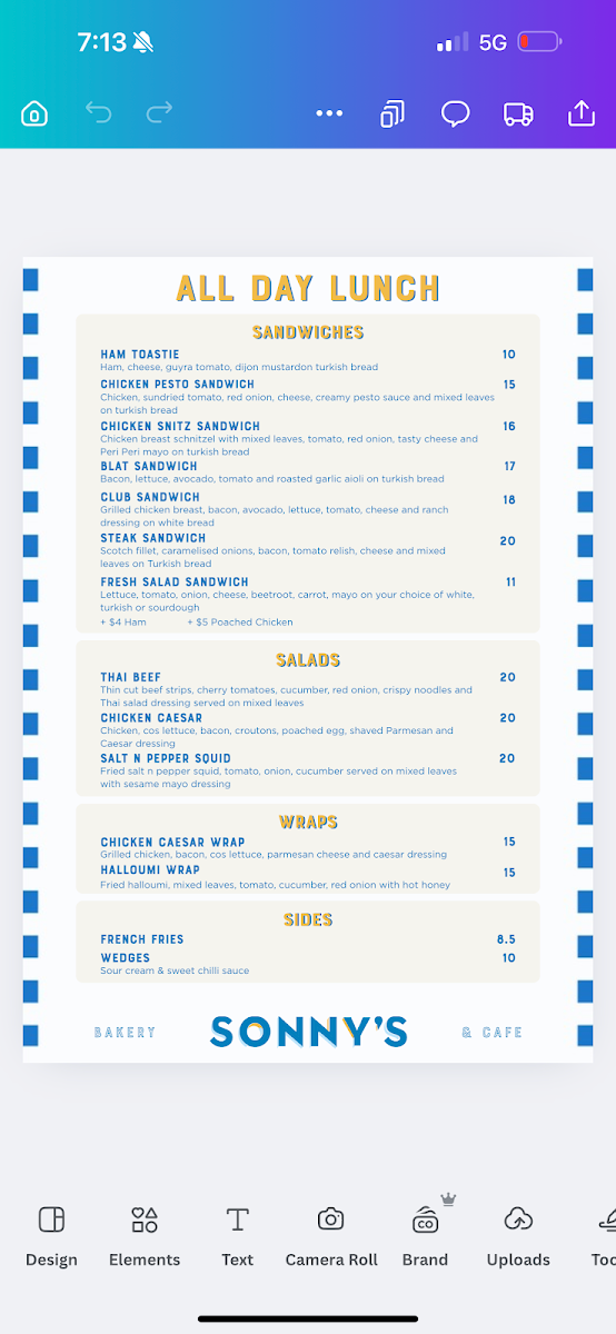 Menu, Sonny’s Bakery and Cafe