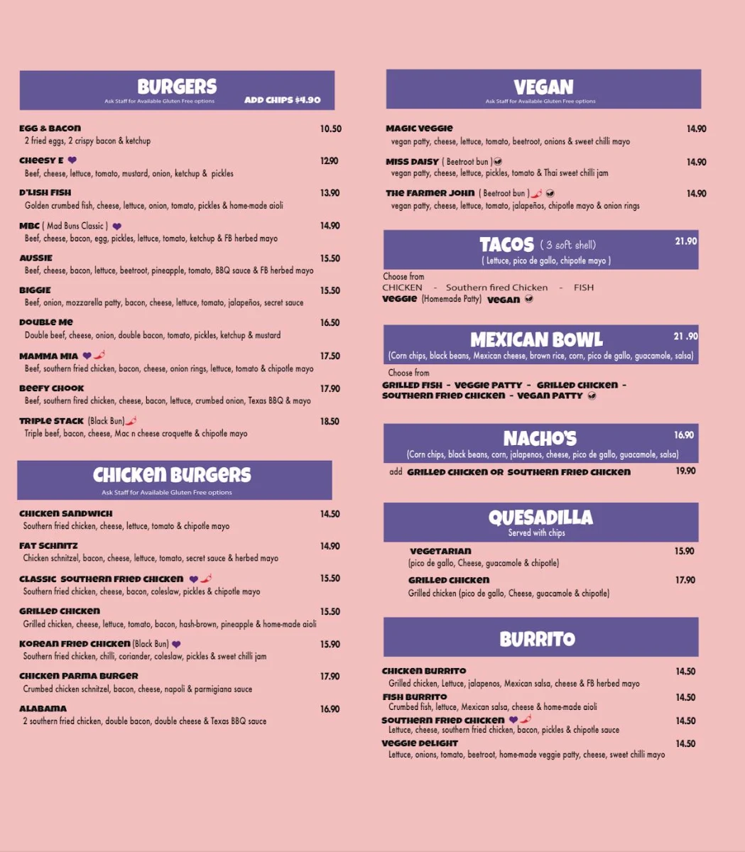 Menu, MadBuns kilmore