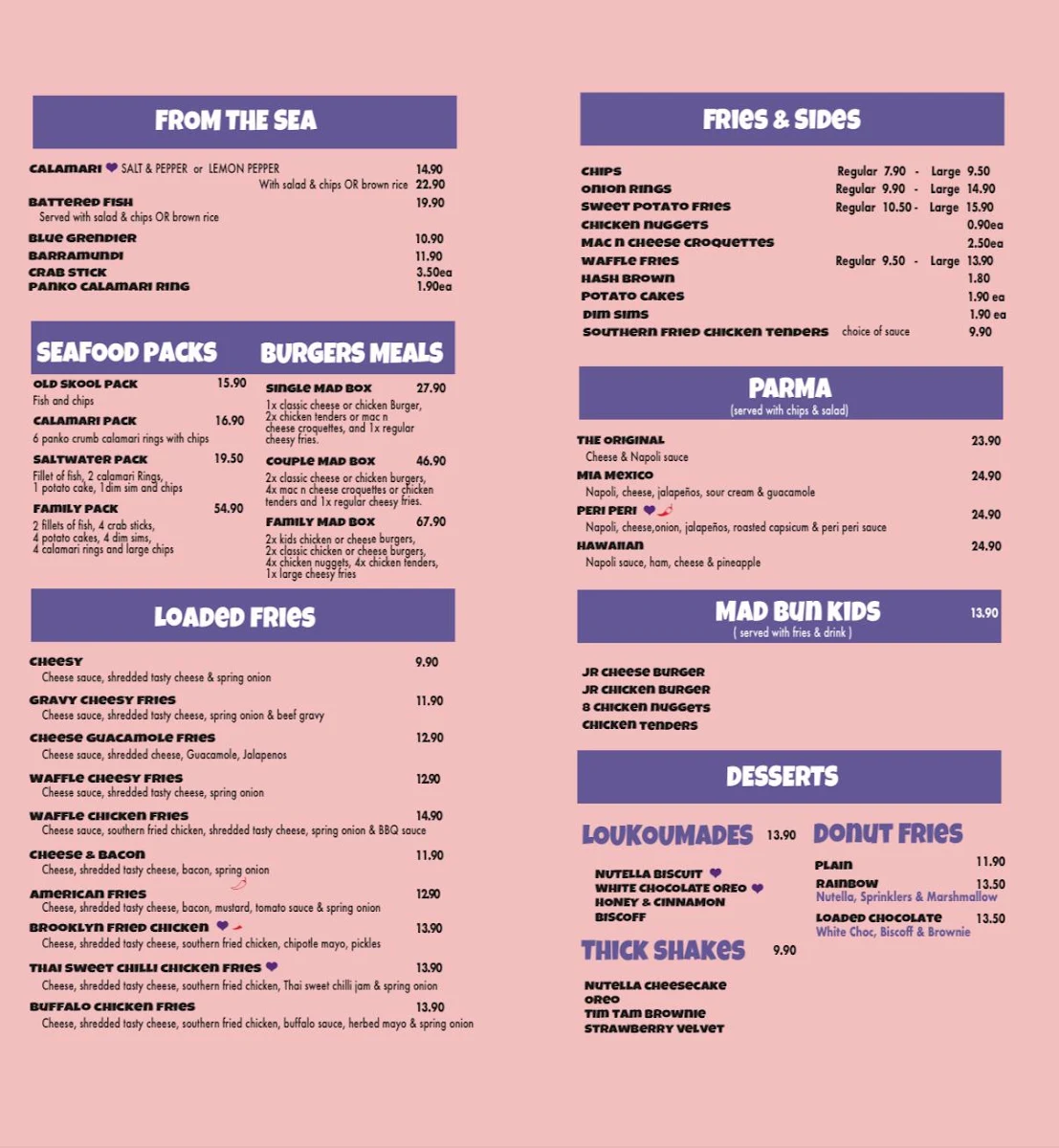 Menu, MadBuns kilmore