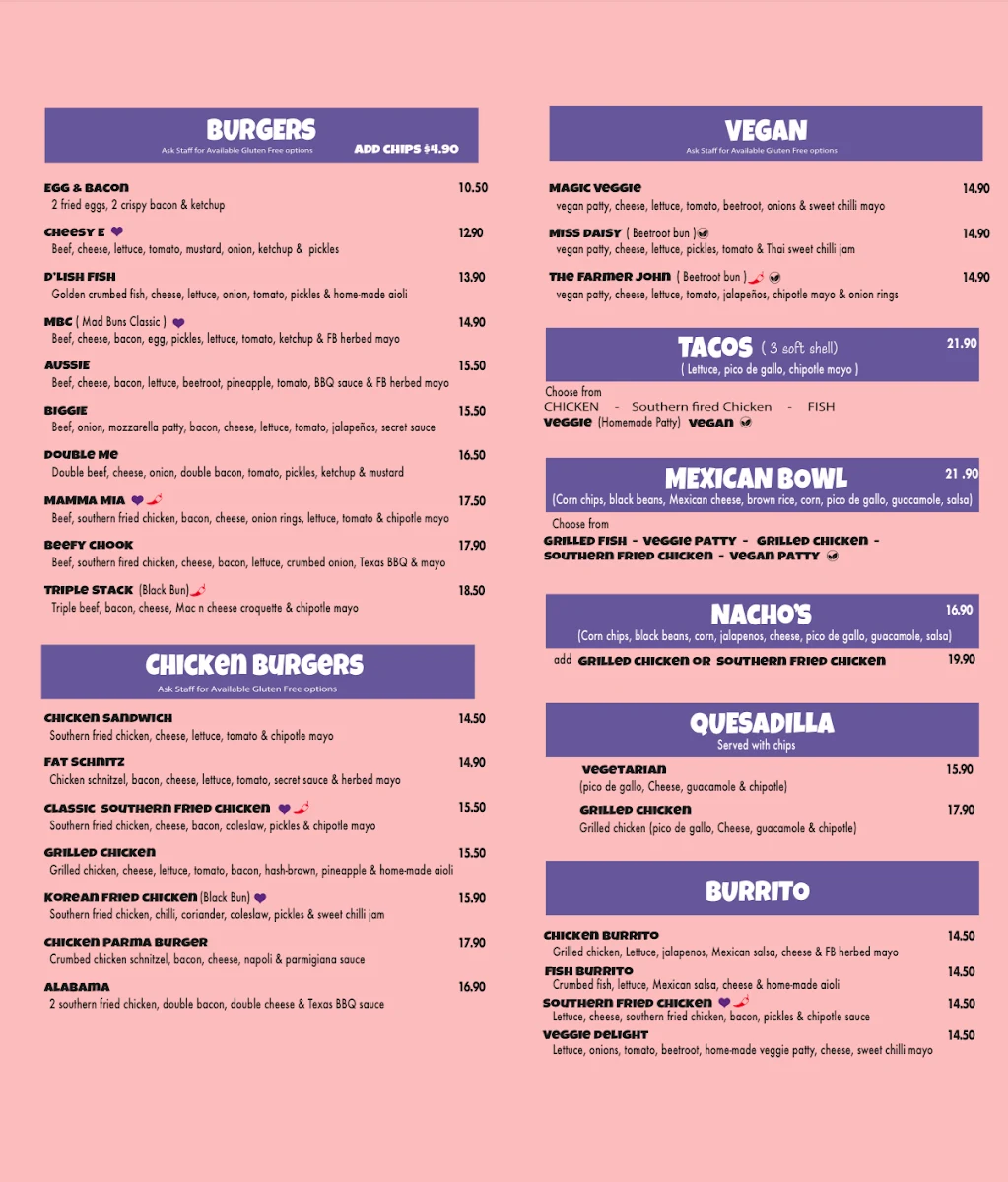 Menu, MadBuns kilmore