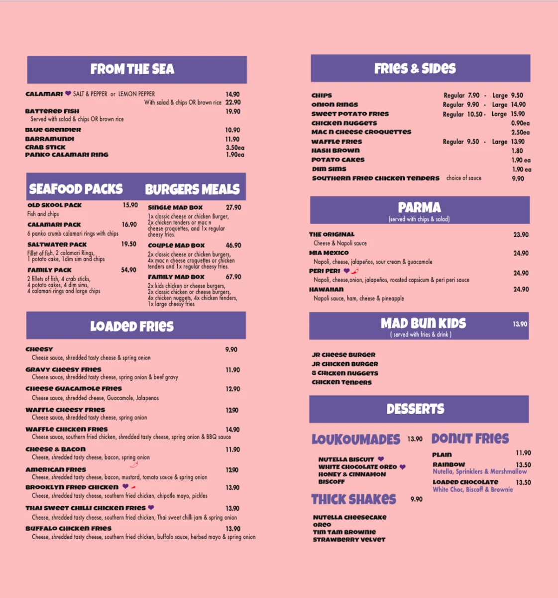 Menu, MadBuns kilmore