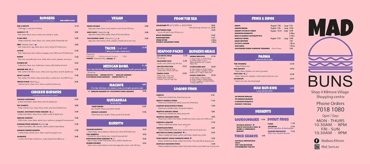 Menu, MadBuns kilmore
