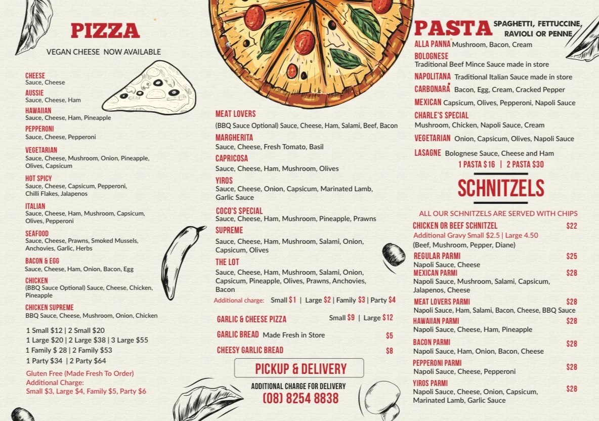 Menu, Coco's Pizza
