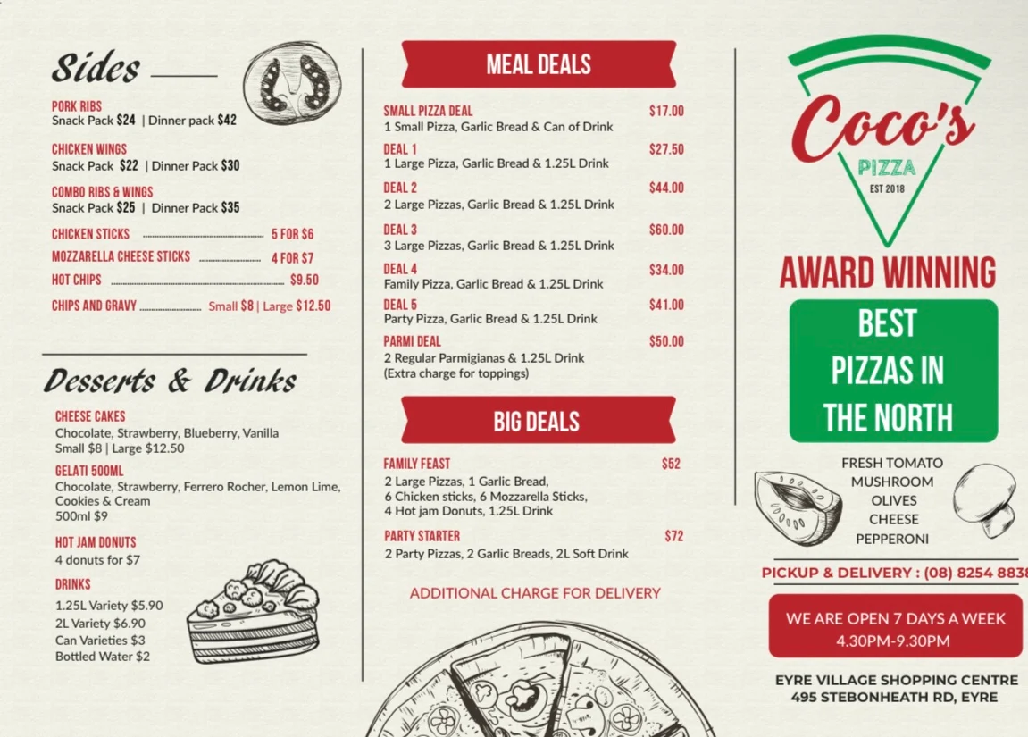 Menu, Coco's Pizza