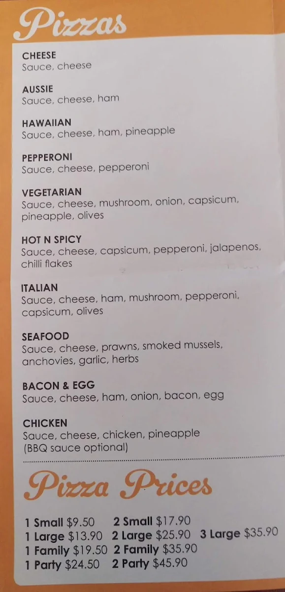 Menu, Coco's Pizza