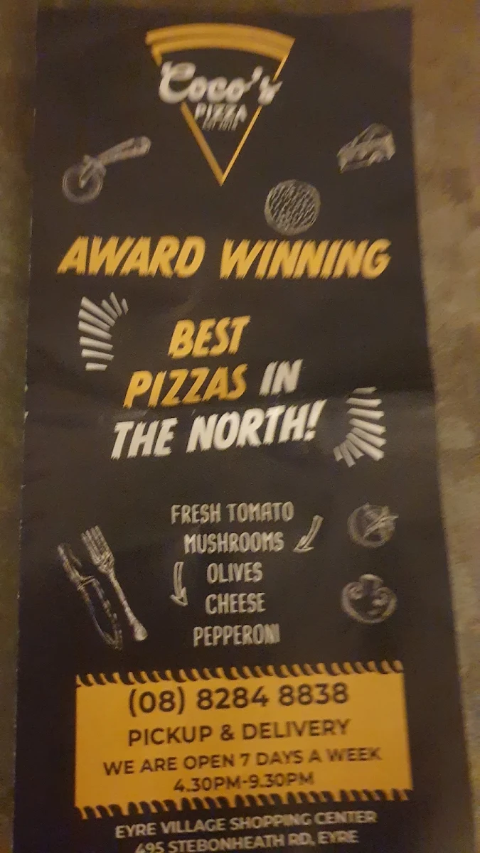 Menu, Coco's Pizza
