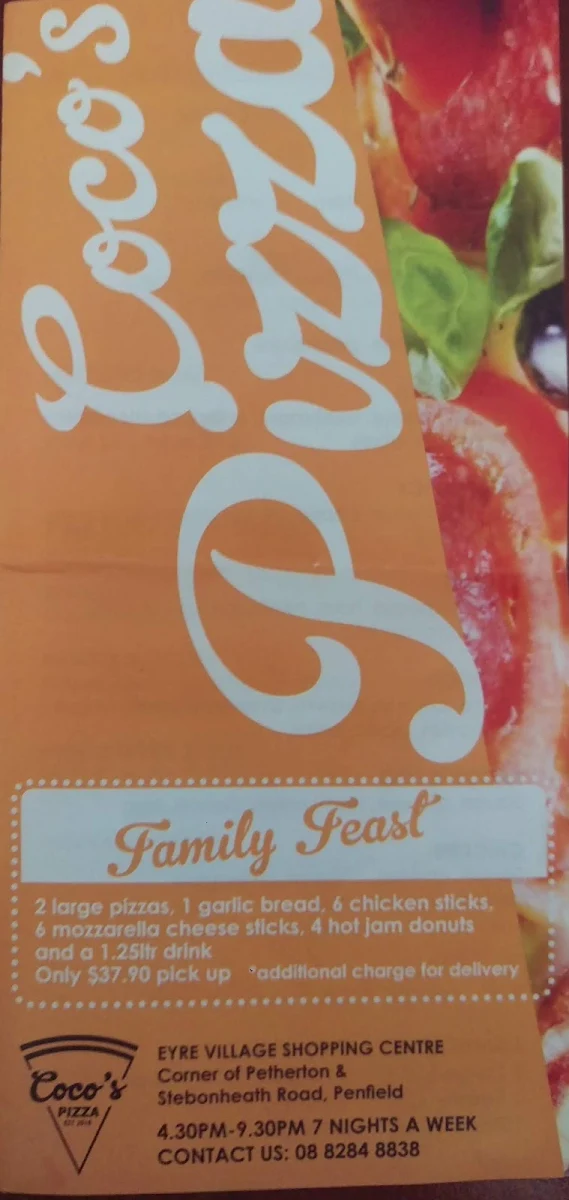 Menu, Coco's Pizza