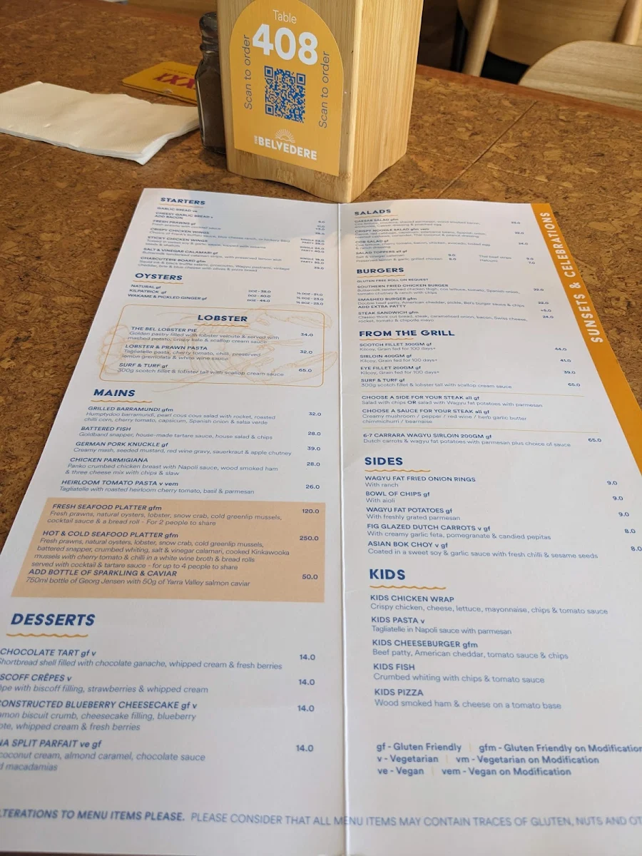 Menu, The Belvedere