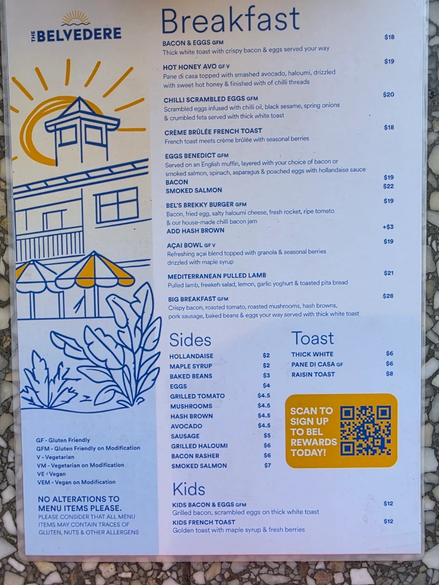 Menu, The Belvedere