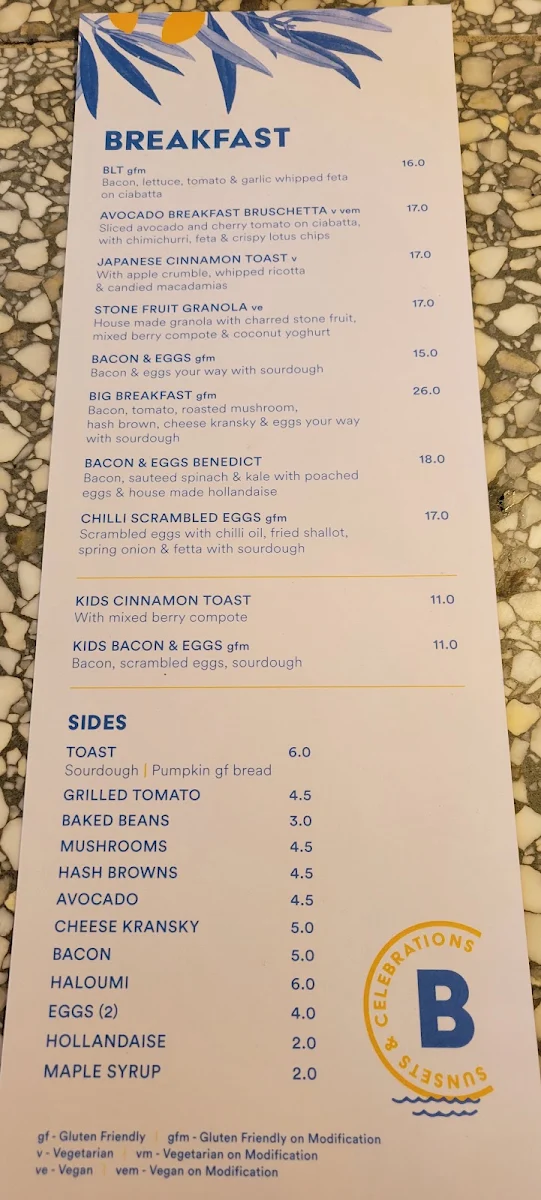 Menu, The Belvedere