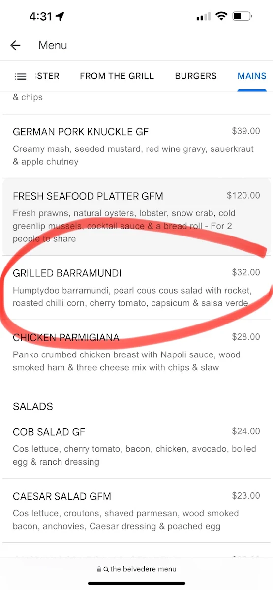 Menu, The Belvedere