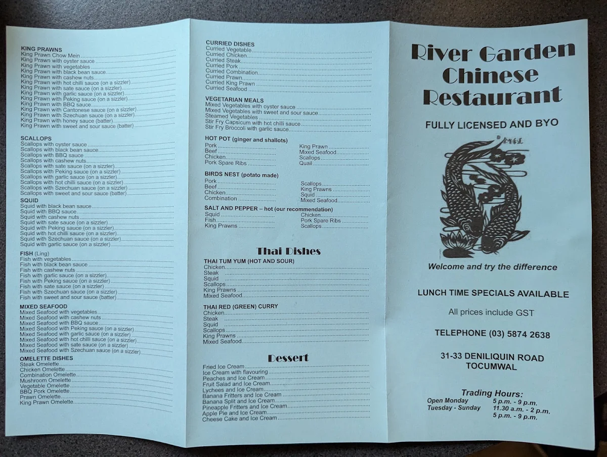 Menu, River Garden Chinese