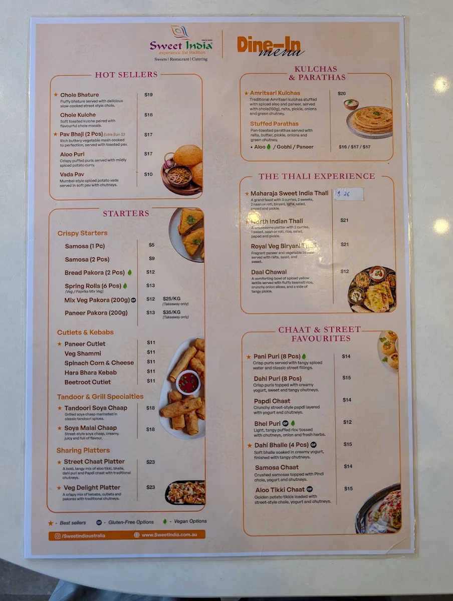 Menu, Sweet India Geelong
