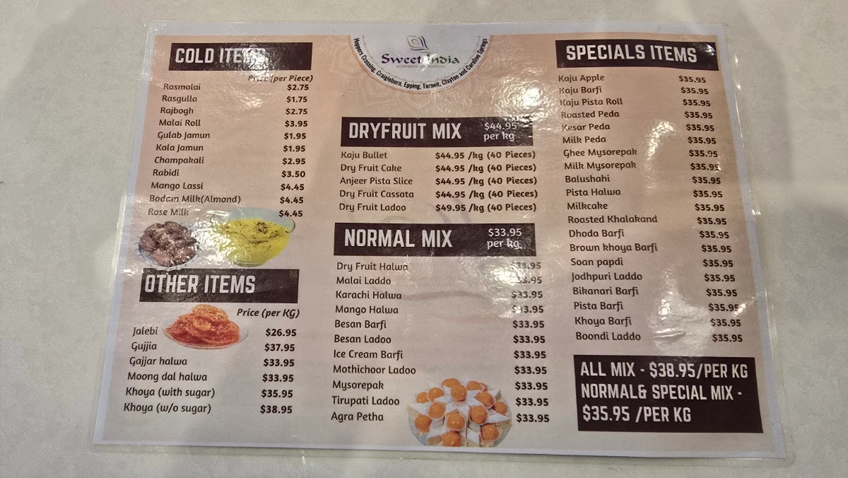 Menu, Sweet India Geelong